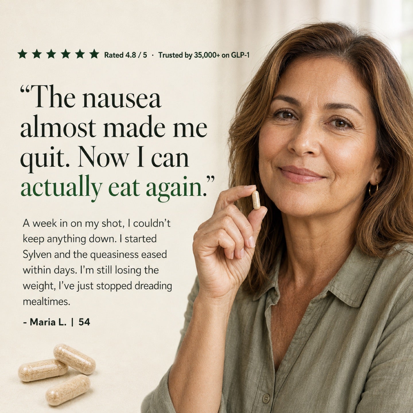 Customer review from Maria L.: the nausea almost made me quit, now I can actually eat again